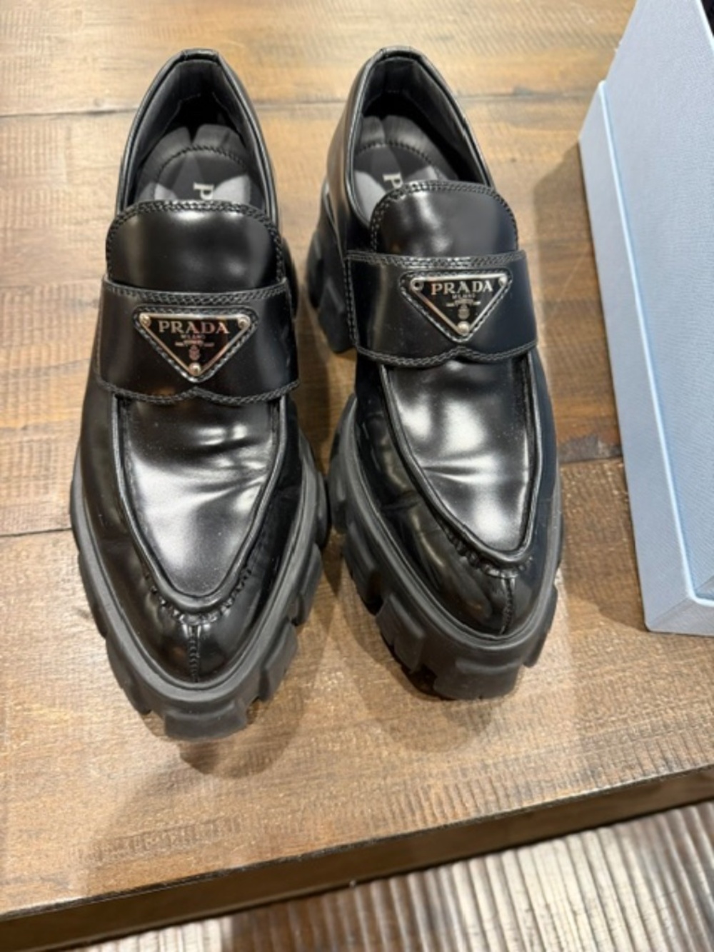 Prada Black Leather Monolith Logo Loafers - Picture 2 of 13